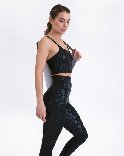 Nicola Metallic Leopard Crop Top - Black