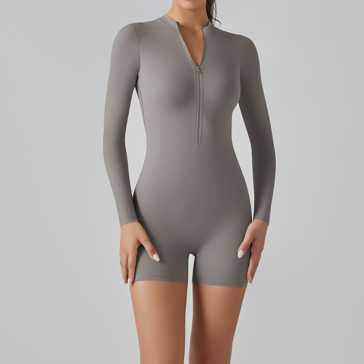 Alicia Long Sleeve Skin Tight Zipper Romper - Light Grey