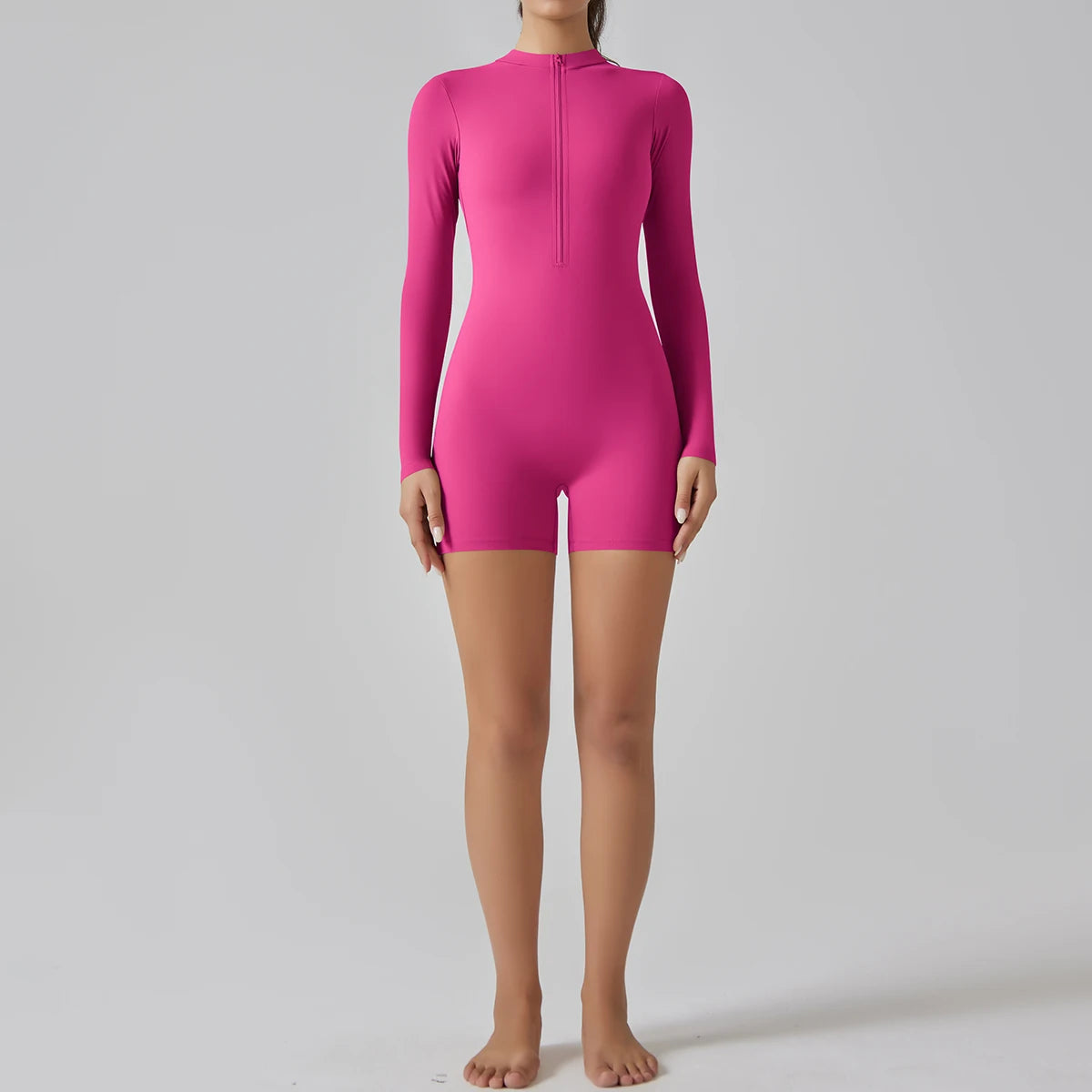 Alicia Long Sleeve Skin Tight Zipper Romper - Pink