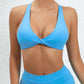 Halter Neckline Chest Twist Workout Top With Chest Pads - Light Blue