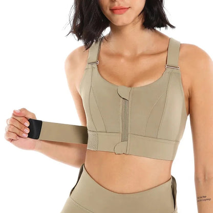 Adjustable Cropped Zip Up Sports Bra - Olive Grey