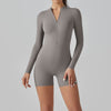 Alicia Long Sleeve Skin Tight Zipper Romper - Light Grey