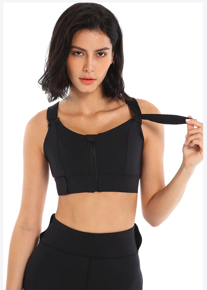 Adjustable Cropped Zip Up Sports Bra - Black