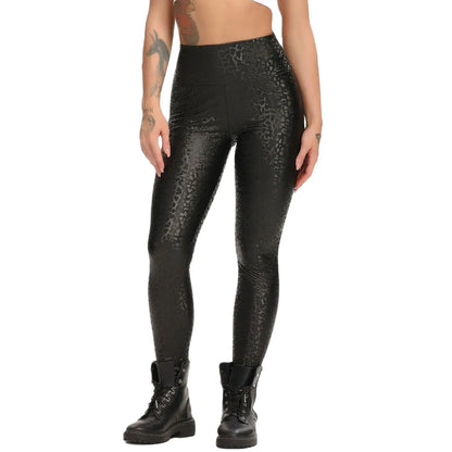 PU Leather Shaping Elasticated Leggings - Black Leopard