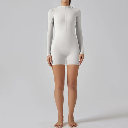 Alicia Long Sleeve Skin Tight Zipper Romper - White Ash