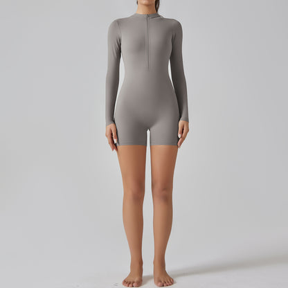 Alicia Long Sleeve Skin Tight Zipper Romper - Light Grey