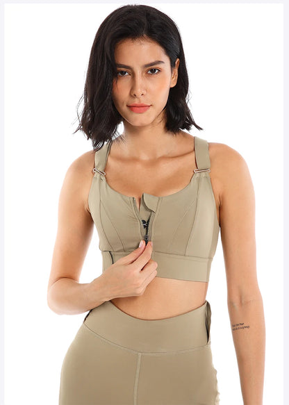 Adjustable Cropped Zip Up Sports Bra - Olive Grey