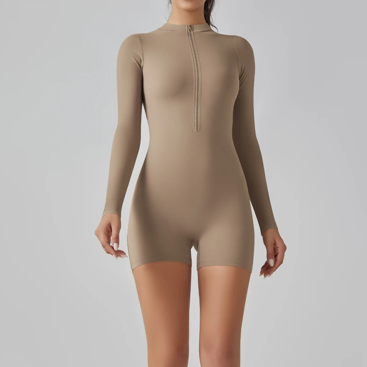 Alicia Long Sleeve Skin Tight Zipper Romper - Cocoa