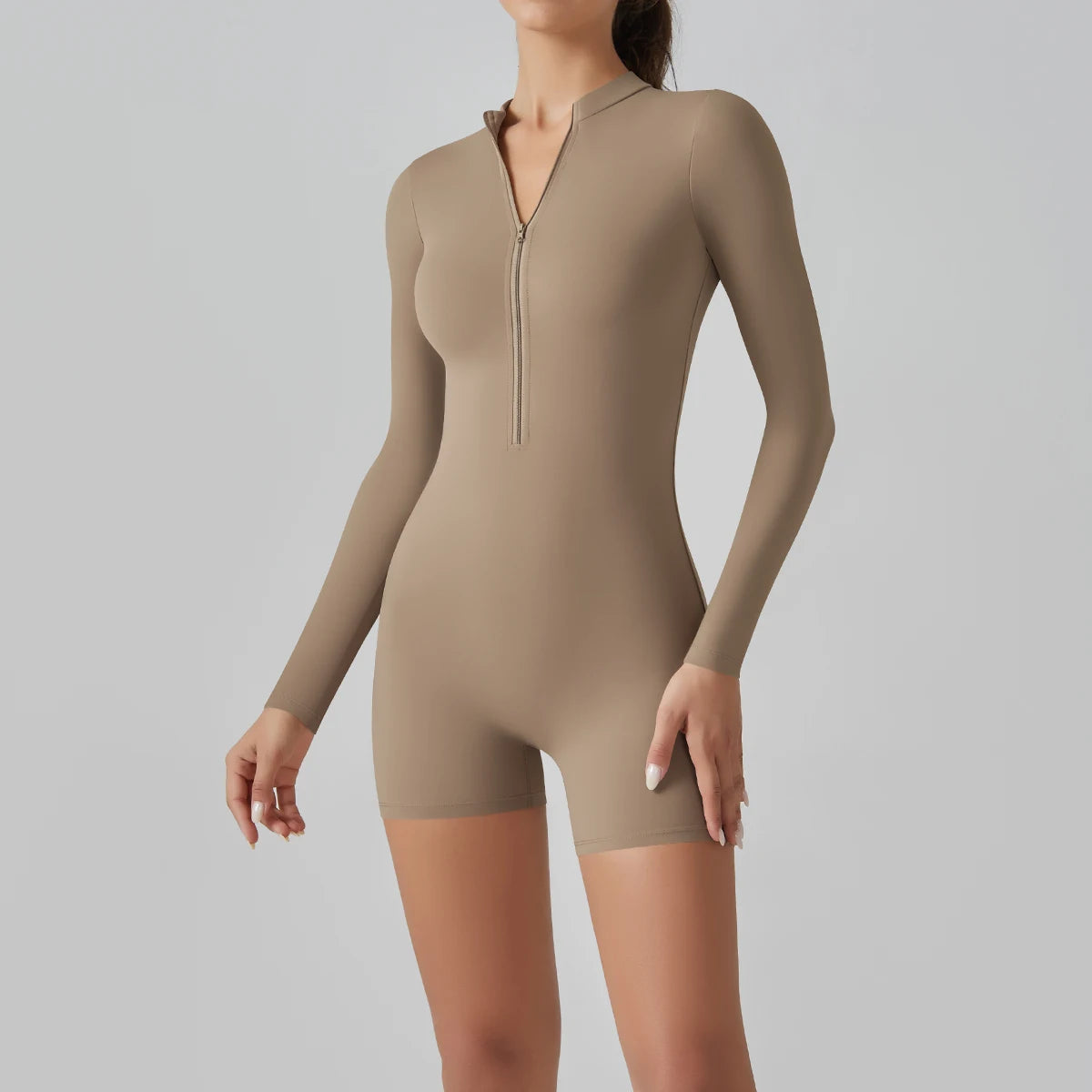 Alicia Long Sleeve Skin Tight Zipper Romper - Cocoa