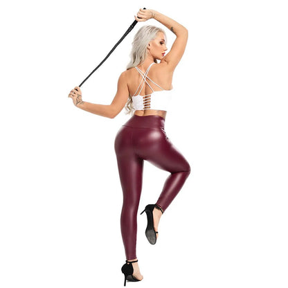 PU Leather Shaping Elasticated Leggings - Wine Red