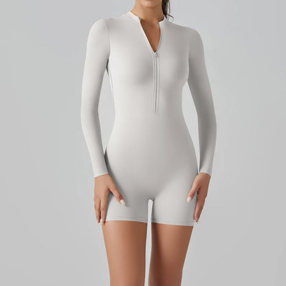 Alicia Long Sleeve Skin Tight Zipper Romper - White Ash