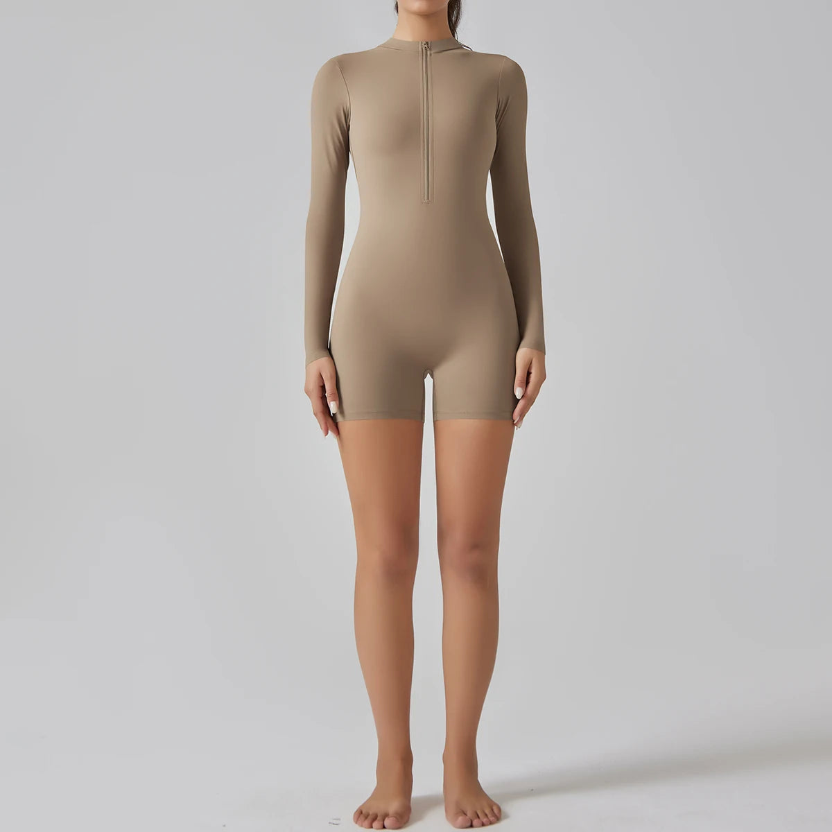 Alicia Long Sleeve Skin Tight Zipper Romper - Cocoa