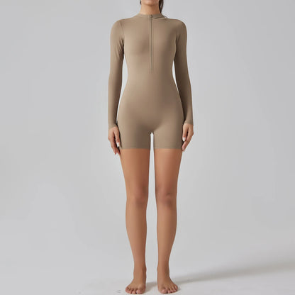 Alicia Long Sleeve Skin Tight Zipper Romper - Cocoa