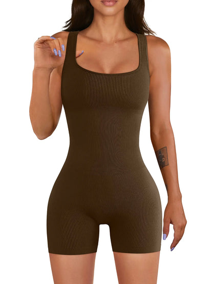 Ribbed Bodycon Romper - Coffee