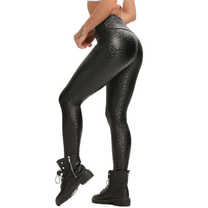 PU Leather Shaping Elasticated Leggings - Black Leopard