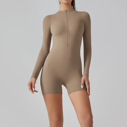 Alicia Long Sleeve Skin Tight Zipper Romper - Cocoa