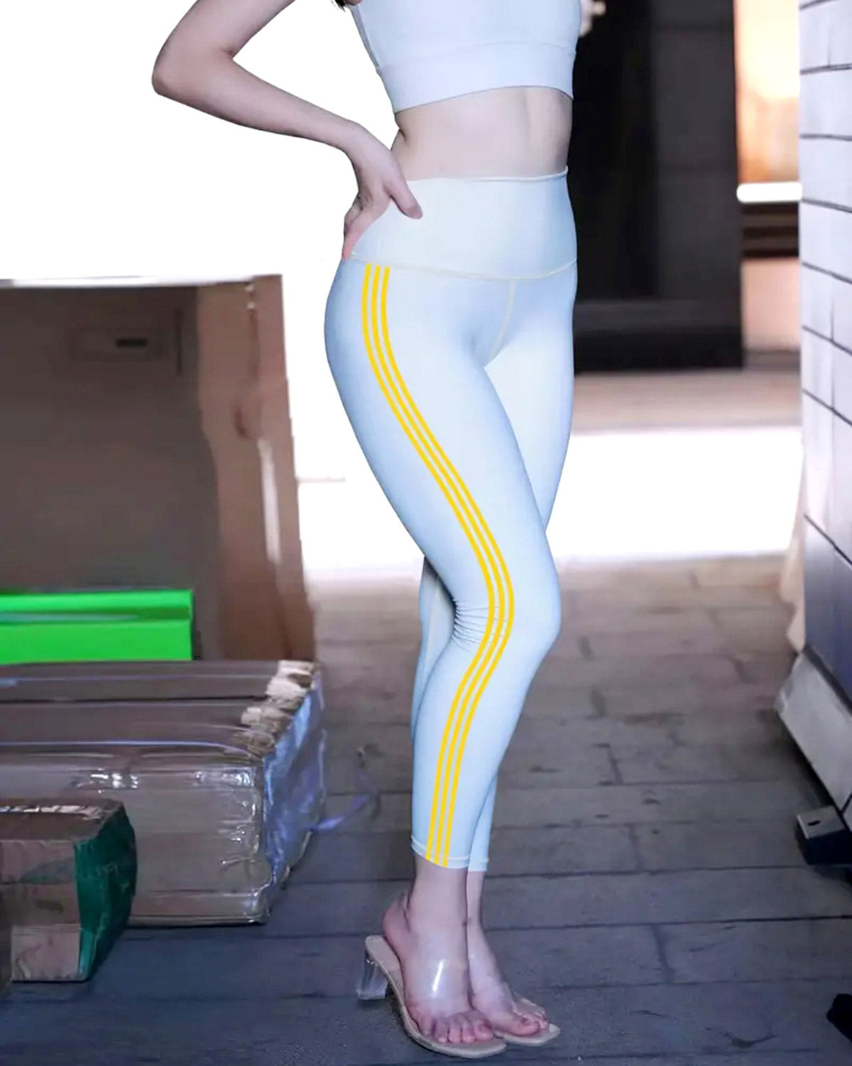 Tri-Stripe Leggings - White Yellow