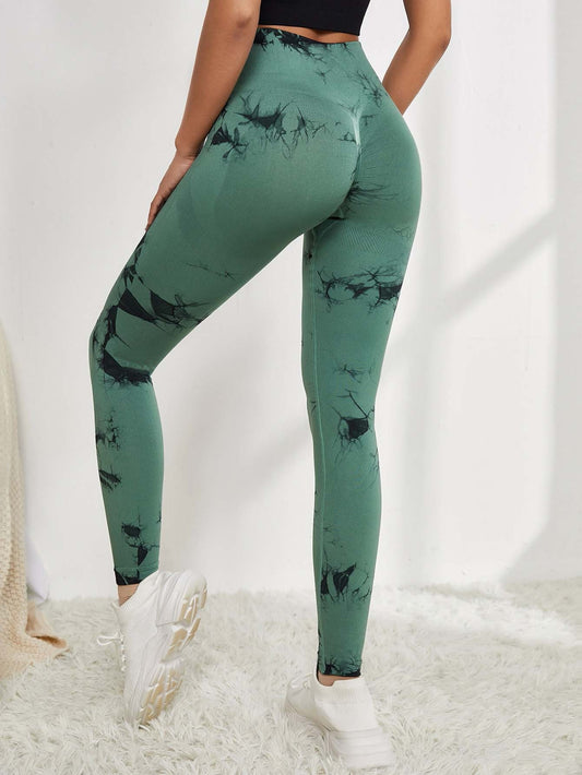 Luna High-waisted Marble Leggings - Black & Green