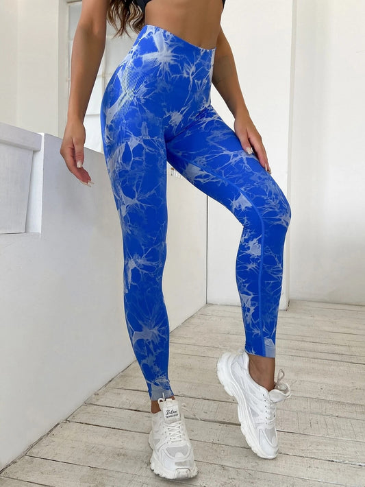 Luna High-waisted Marble Leggings - Ocean Blue