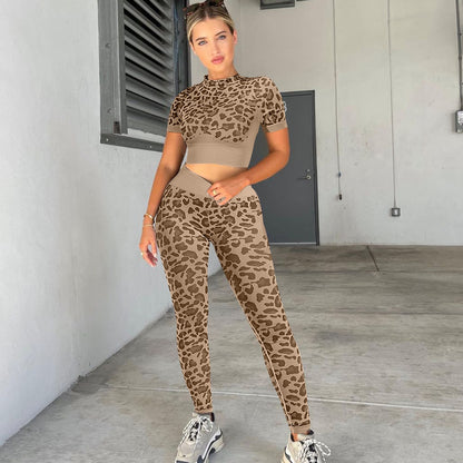 Leopard Print Seamless 2 Piece Yoga Set - Khaki