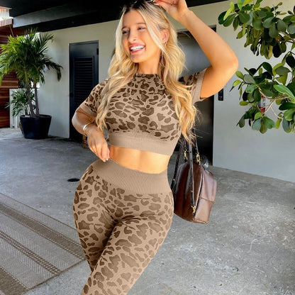 Leopard Print Seamless 2 Piece Yoga Set - Khaki